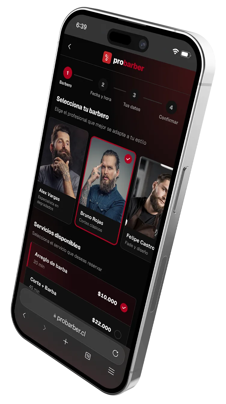 App probarber — pantalla de reserva